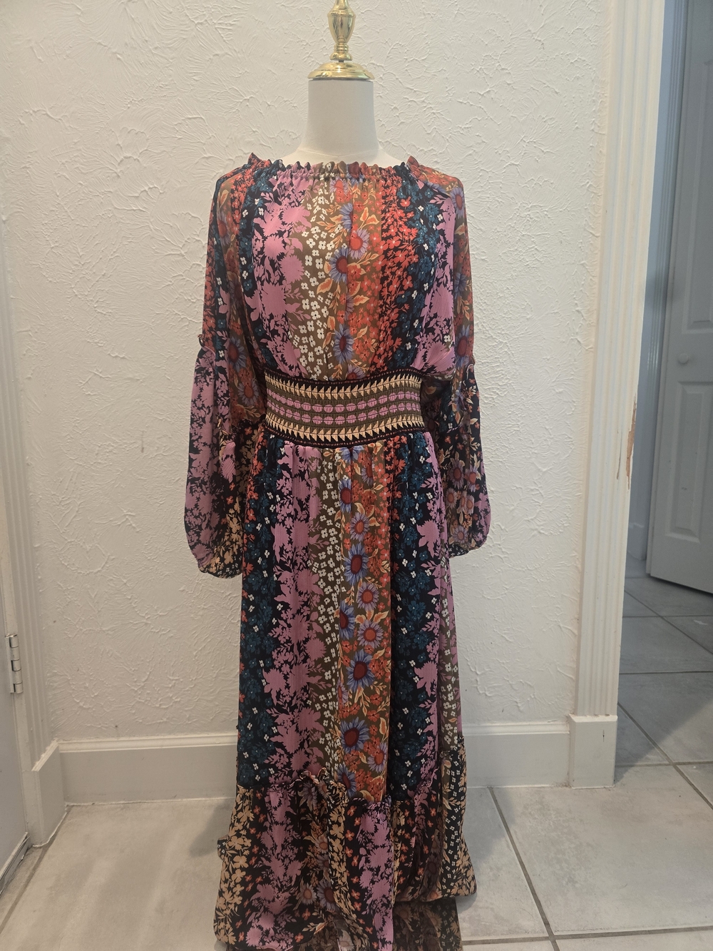 Ramy Brook Size L Floral Patchwork Boho Maxi Dress Fall Long Sleeve
